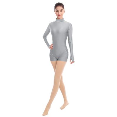 IMEKIS Women Turtleneck Leotard Ballet Dance Gymnastic Bodysuit Boyshorts Adult Spandex One Piece Long Sleeve Dancewear Biketard Unitard Shorts Training Sports Athletic Activewear Grey Large