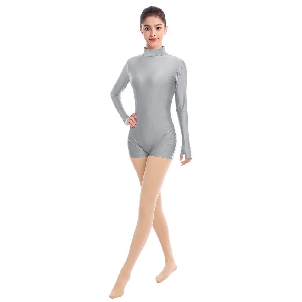 IMEKIS Women Turtleneck Leotard Ballet Dance Gymnastic Bodysuit Boyshorts Adult Spandex One Piece Long Sleeve Dancewear Biketard Unitard Shorts Training Sports Athletic Activewear Grey Large