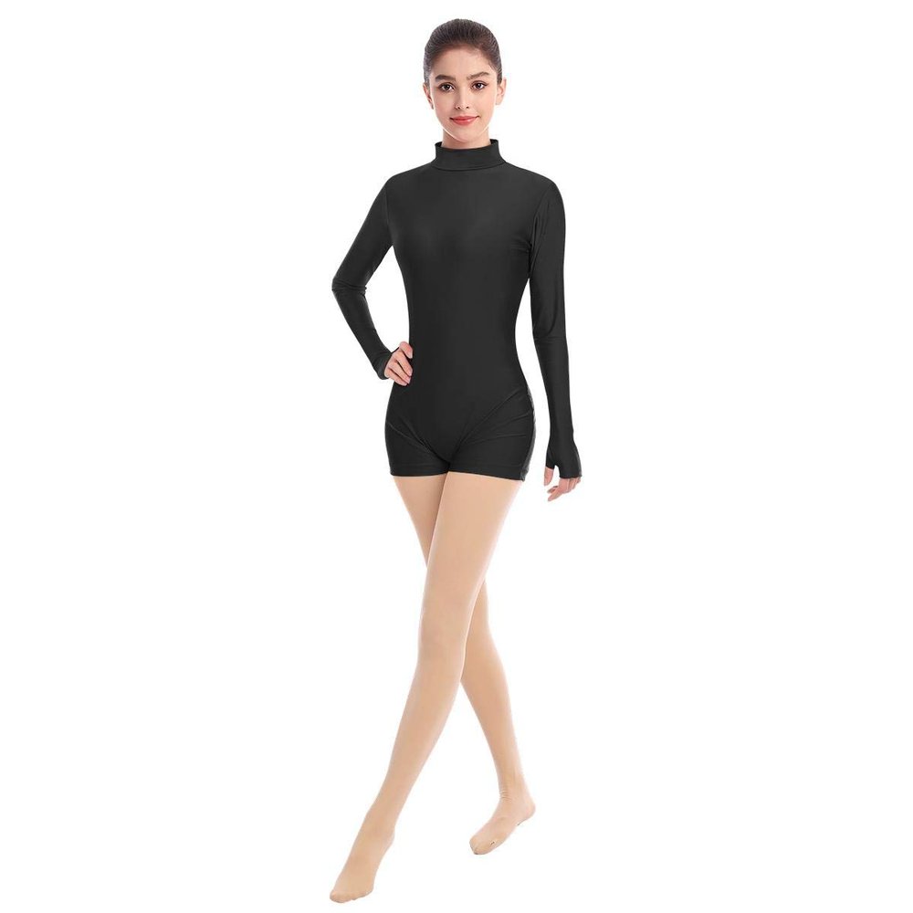 IMEKIS Women Turtleneck Leotard Ballet Dance Gymnastic Bodysuit Boyshorts Adult Spandex One Piece Long Sleeve Dancewear Biketard Unitard Shorts Training Sports Athletic Activewear Black XXX-Large