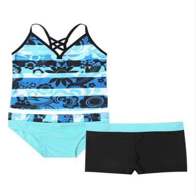 Alvivi Teens Youth Girls 3-Piece Tankini Swimsuit Tank Top with Boyshort Bikini Set Summer Bathing Suit Blue 12