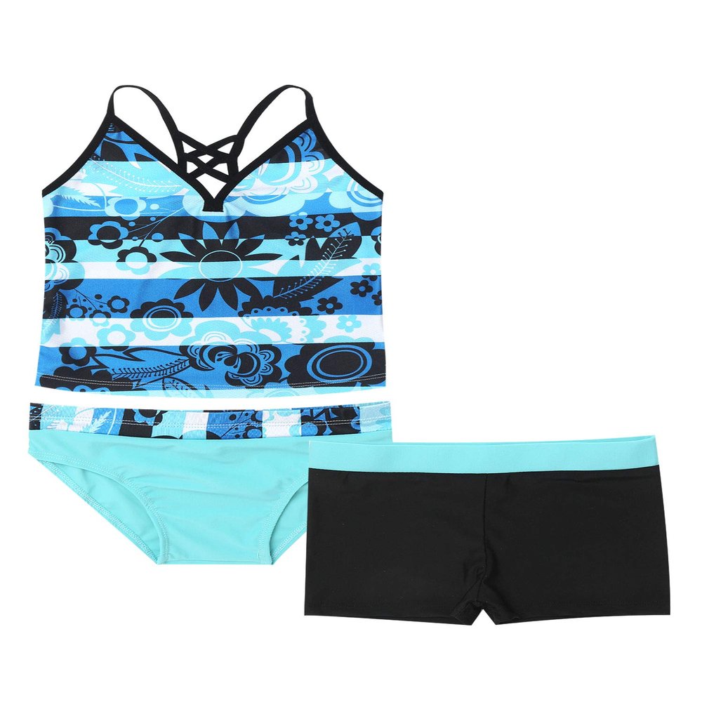 Alvivi Teens Youth Girls 3-Piece Tankini Swimsuit Tank Top with Boyshort Bikini Set Summer Bathing Suit Blue 12