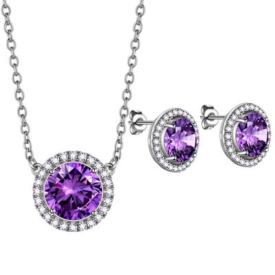 beautlace February Birthstone Necklaces/Stud Earrings Set Silver Plated Round Shape Jewelry Sets Purple Birthstone Jewelry Birthday Gifts for Men and Women KS0017F