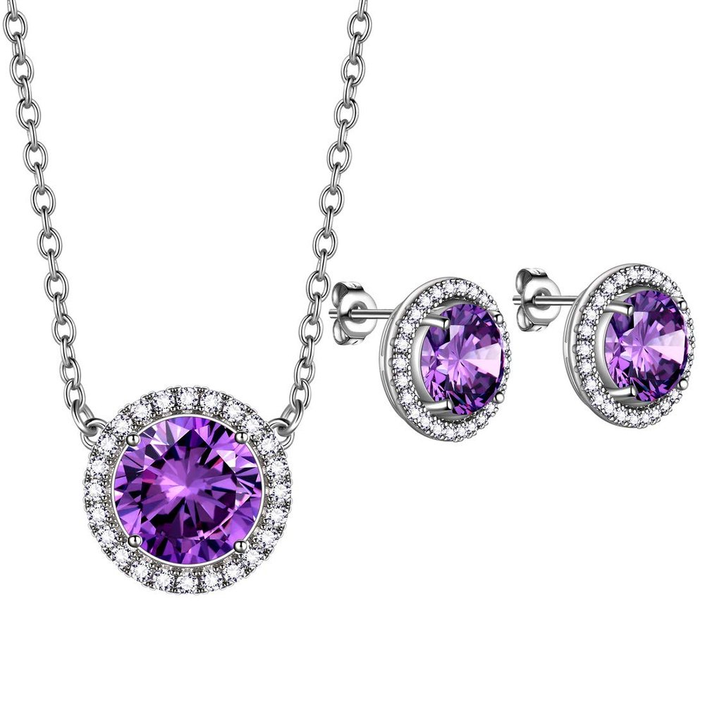 beautlace February Birthstone Necklaces/Stud Earrings Set Silver Plated Round Shape Jewelry Sets Purple Birthstone Jewelry Birthday Gifts for Men and Women KS0017F