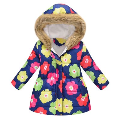 IDOPIP Toddler Kids Baby Girl Boy Floral Butterfly Print Snowsuit Winter Warm Fur Collar Hooded Down Coat Windproof Jacket Outerwear Clothes Royal Blue Floral 6-7 Years