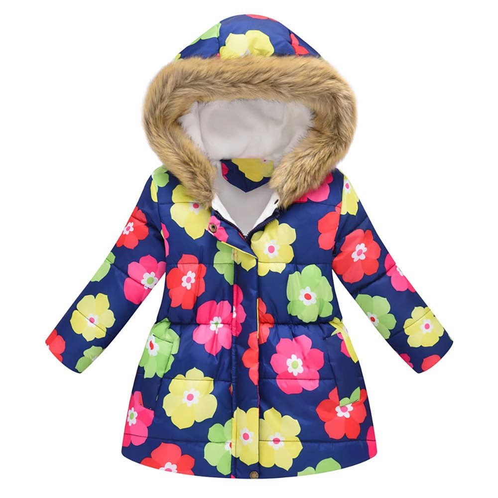 IDOPIP Toddler Kids Baby Girl Boy Floral Butterfly Print Snowsuit Winter Warm Fur Collar Hooded Down Coat Windproof Jacket Outerwear Clothes Royal Blue Floral 6-7 Years