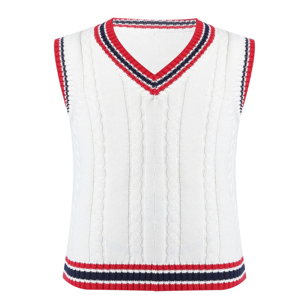 JanJean Kids Boys Girls V Neck Sweater Vest Sleeveless Pullover Kintted Waistcoat Jumper Casual Knitwear School Uniform White 4