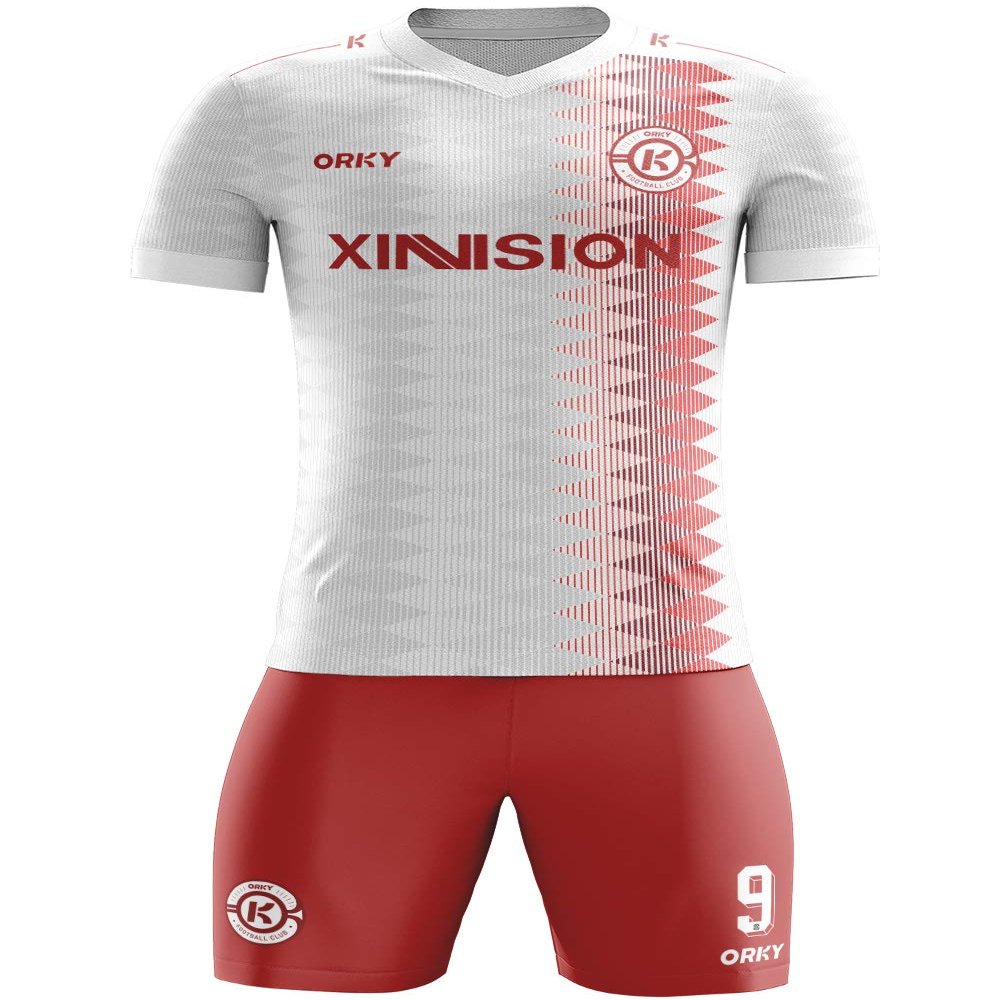ORKY Custom Soccer Uniform Men Boys Girls Quick Dry Jersey with Short, Personalize Name Number ShirtWhite Red 5XS