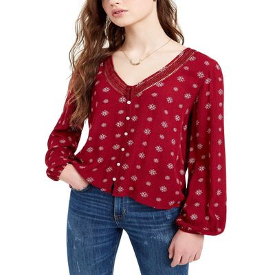 Hippie Rose Juniors' Crochet-Trim Blouse, Wild Berry Tile XL