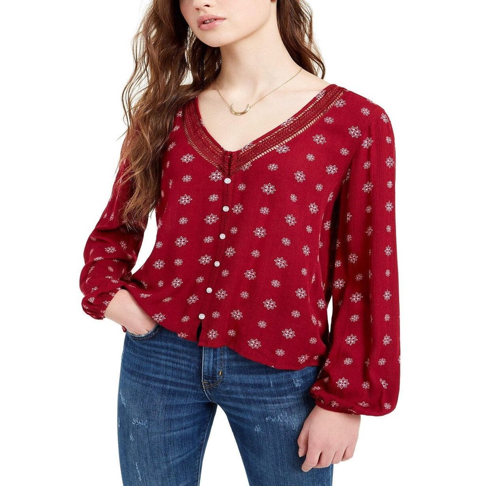 Hippie Rose Juniors' Crochet-Trim Blouse, Wild Berry Tile XL