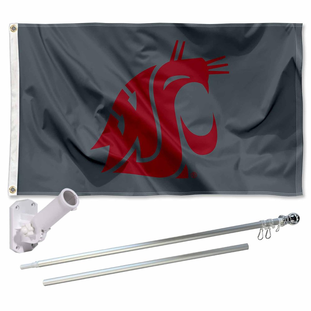 College Flags & Banners Co. Washington State Cougars Grey Flag and Pole Bracket Mount Bundle