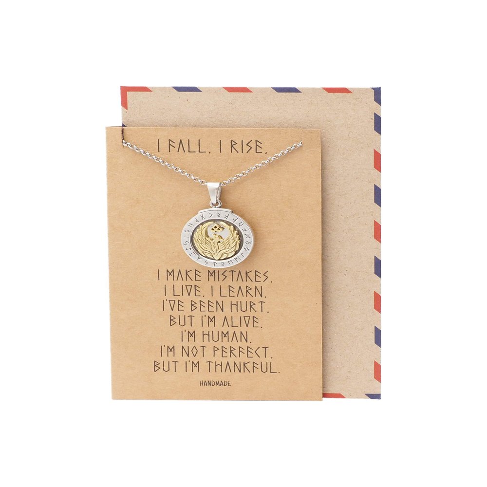 quan jewelry Phoenix on Plate Pendant Women Necklace, Bird Charm with Motivational Quote Card, Silver-tone - Handmade