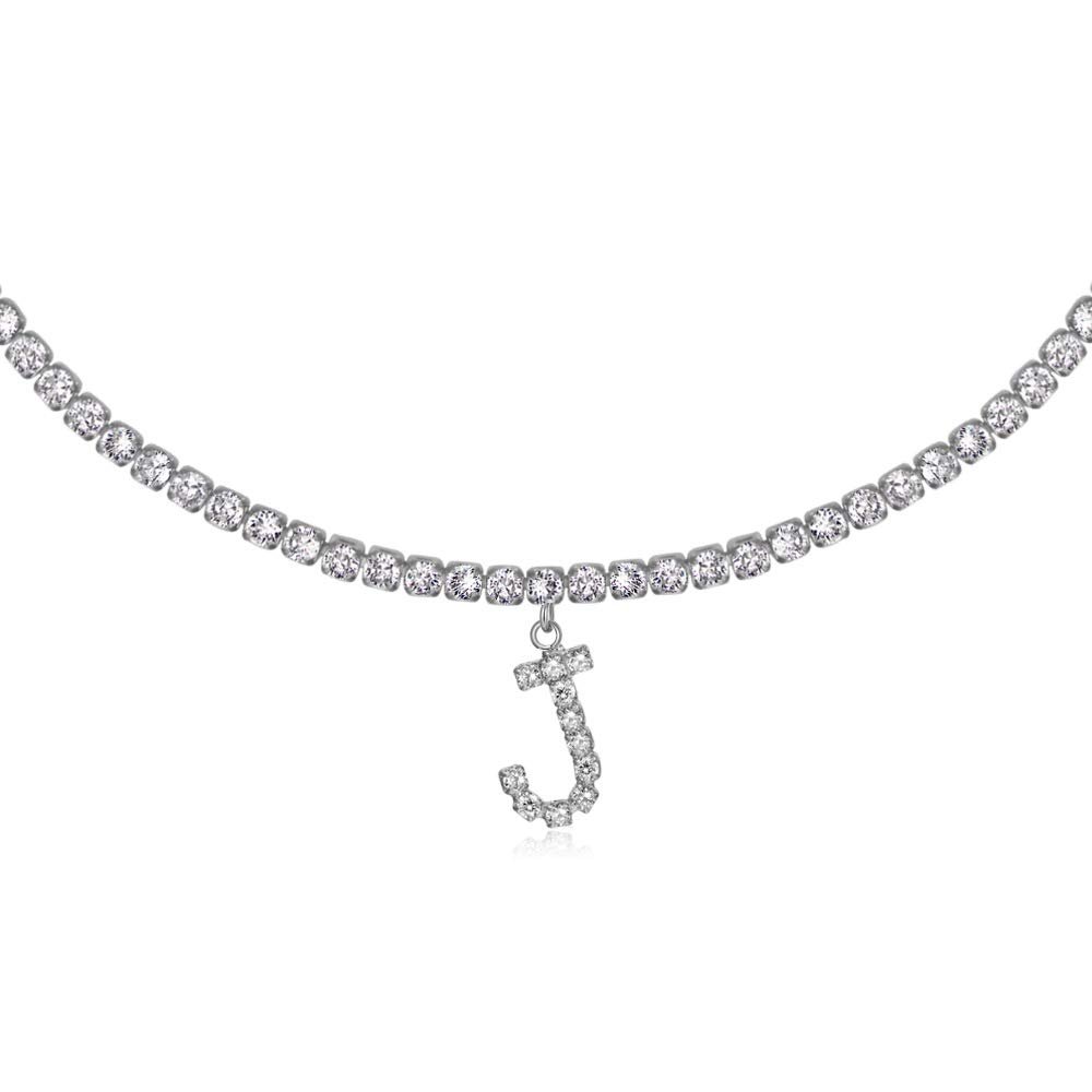 LecAit Silver Initial J Necklace,14K White Gold-Plated Tennis Chain Necklace Name Necklace 18'' Adjustable Personalized Alphabet Letter Pendant