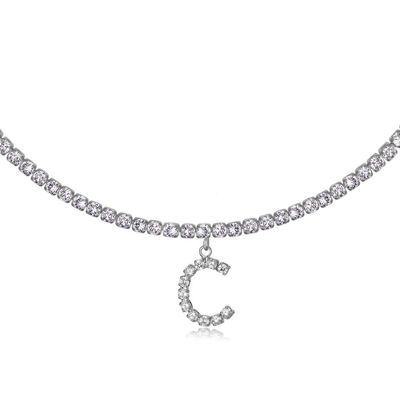 LecAit Sideways Initial C Necklace 14K Silver Plated Rhinestone Tennis Chain Letters Pendant Necklace Script Name Monogram Necklaces for Women