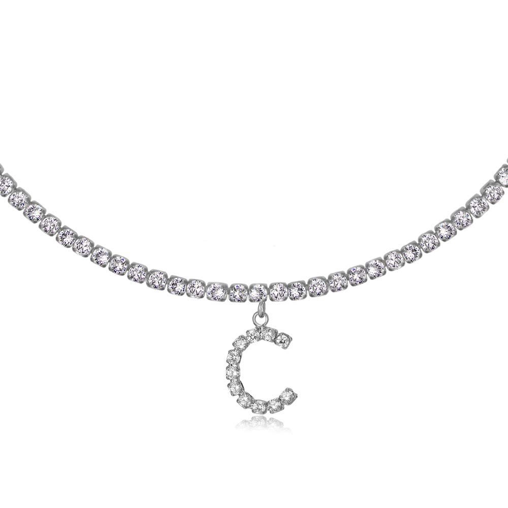 LecAit Sideways Initial C Necklace 14K Silver Plated Rhinestone Tennis Chain Letters Pendant Necklace Script Name Monogram Necklaces for Women