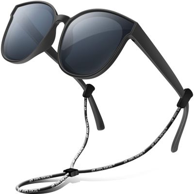 RIVBOS Kids Sunglasses Boys with Strap Polarized Rubber Flexible Shades for Toddler and Children Age 3-10 RBK002-3 Black