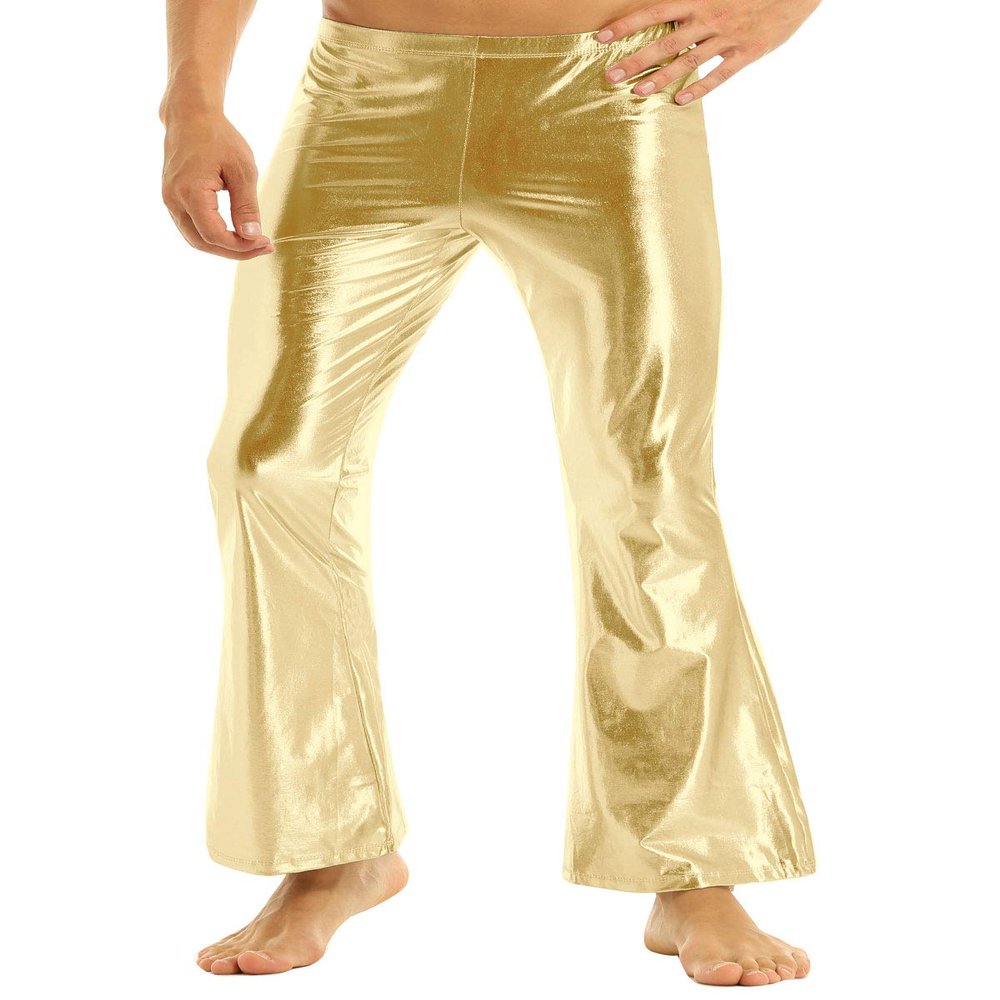 XUNZOO Mens Shiny Metallic Elastic Soft 70's Disco Costume Flared Trousers Bell Bottoms Long Pants Gold X-Large