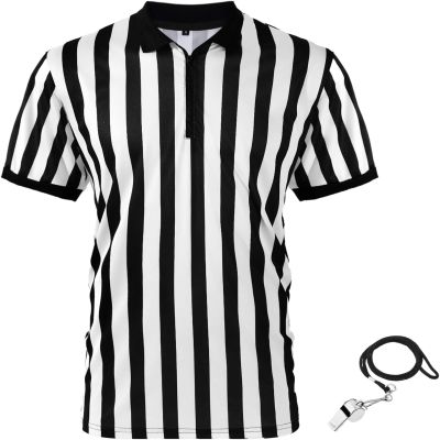 Syhood Referee Shirt Costume Men Women, Whistle Black and White Striped Football Soccer Official Ref Shirt Jersey(Large)