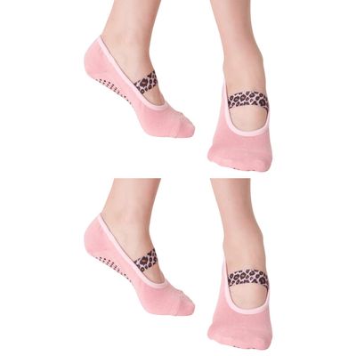Aprilaugust Yoga Socks with Non Slip Grips & Leopard Strap, Perfect for Pilates, Barre, Ballet, Barefoot training (E_Pink 2pairs, X-Small)