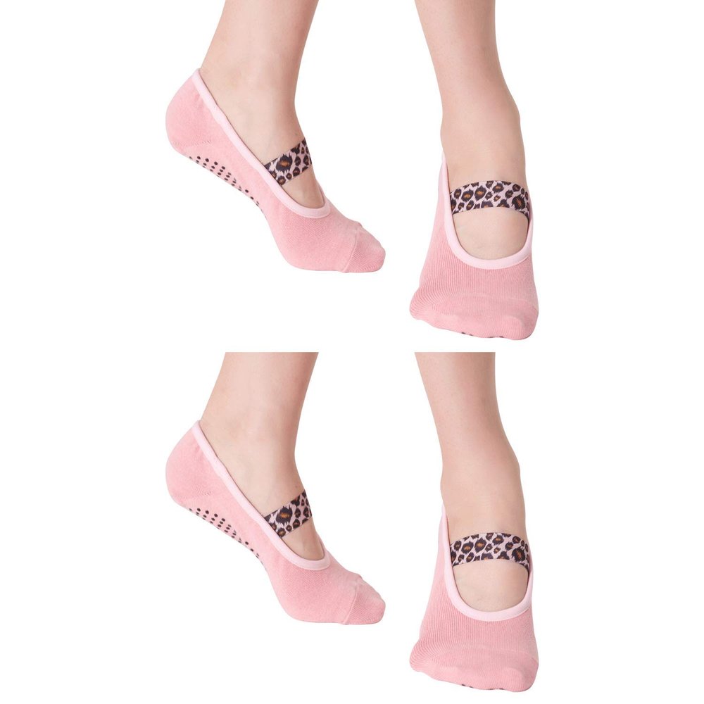 Aprilaugust Yoga Socks with Non Slip Grips & Leopard Strap, Perfect for Pilates, Barre, Ballet, Barefoot training (E_Pink 2pairs, X-Small)
