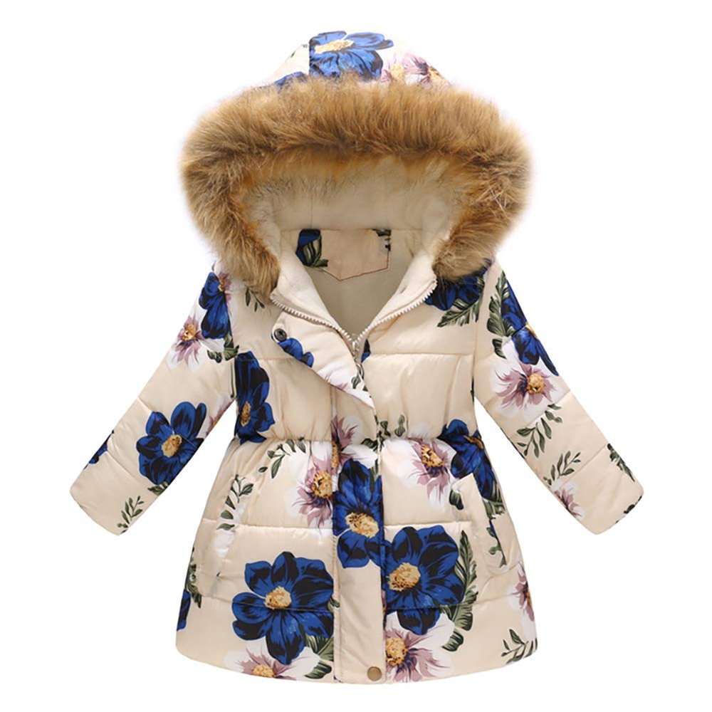 Toddler Boys Girls Floral Print Winter Coat Cotton Parka Hooded Snowsuit Thicken Warm Fur Collar Hooded Down Windproof Puffer Jacket Lightweight Outerwear Windbreaker Ivory + Blue Flower 3-4 Years