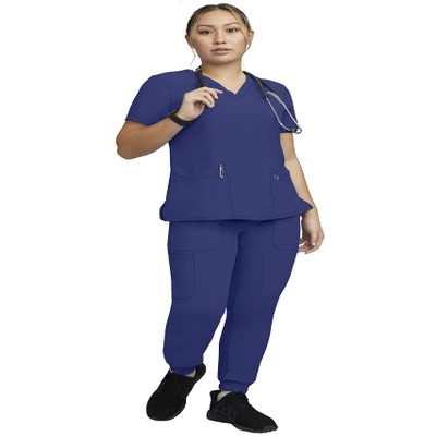 STAT MEDICAL WEAR Women Scrub Set, V-Neck Top with 3 Pockets and Drawstring Jogger Pant with 5 Pockets - 100210, XS, Navy