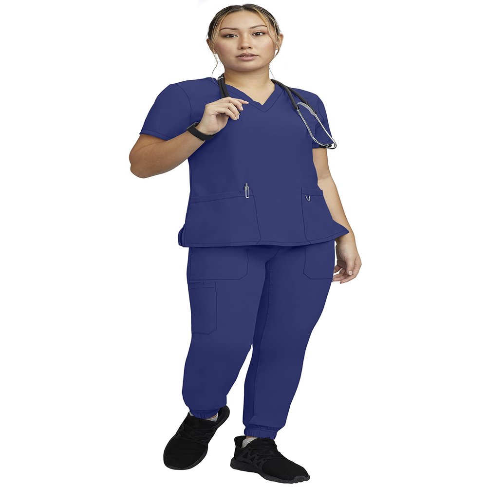 STAT MEDICAL WEAR Women Scrub Set, V-Neck Top with 3 Pockets and Drawstring Jogger Pant with 5 Pockets - 100210, XS, Navy