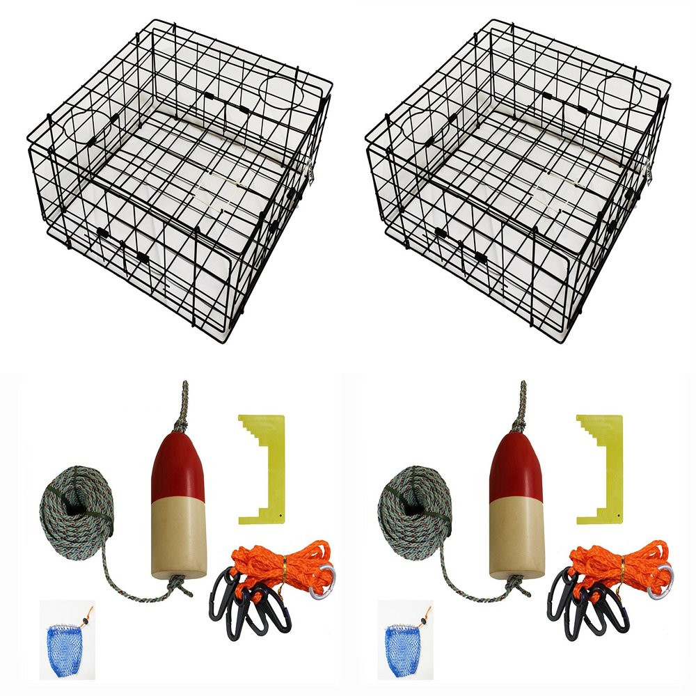 2-Pack of KUFA Vinyl Coated Crab Traps & Accessory Kits Including 100' Rope, Caliper, Harness, Bait Bag & Red/White Float (5"x11" Float, 5/16" Lead Core Rope)