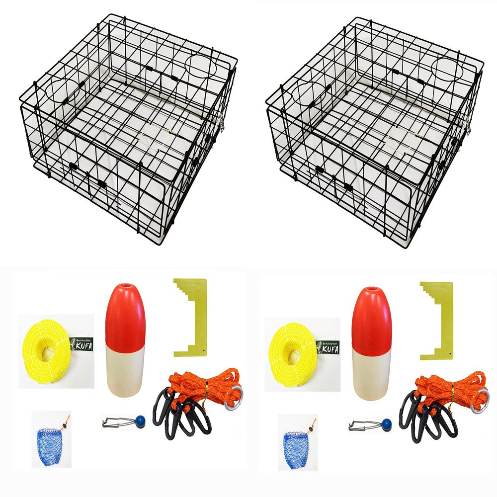 2-Pack of KUFA Vinyl Coated Crab Trap & Accessory kit Including 100' Rope, Caliper, Harness, Bait Bag & Red/White Float (5"x11" Float, 1/4" Poly Rope)
