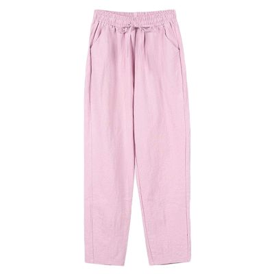 Andongnywell Womens Casual Cotton Linen Straight Leg Pants Loose Drawstring Elastic Waist Harem Pant with Pockets (Pink,Small)