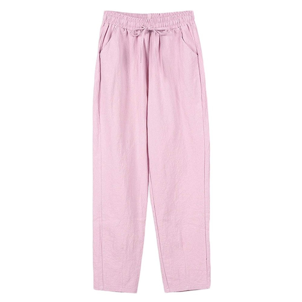 Andongnywell Womens Casual Cotton Linen Straight Leg Pants Loose Drawstring Elastic Waist Harem Pant with Pockets (Pink,Small)