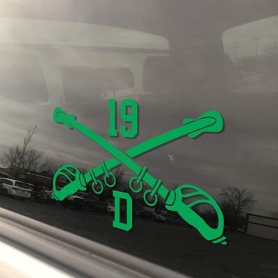 Inkfidel - 19D Cavalry Scout Crossed Sabers Vinyl Decal - 3 x 5 in (Pack of 10) (Green)