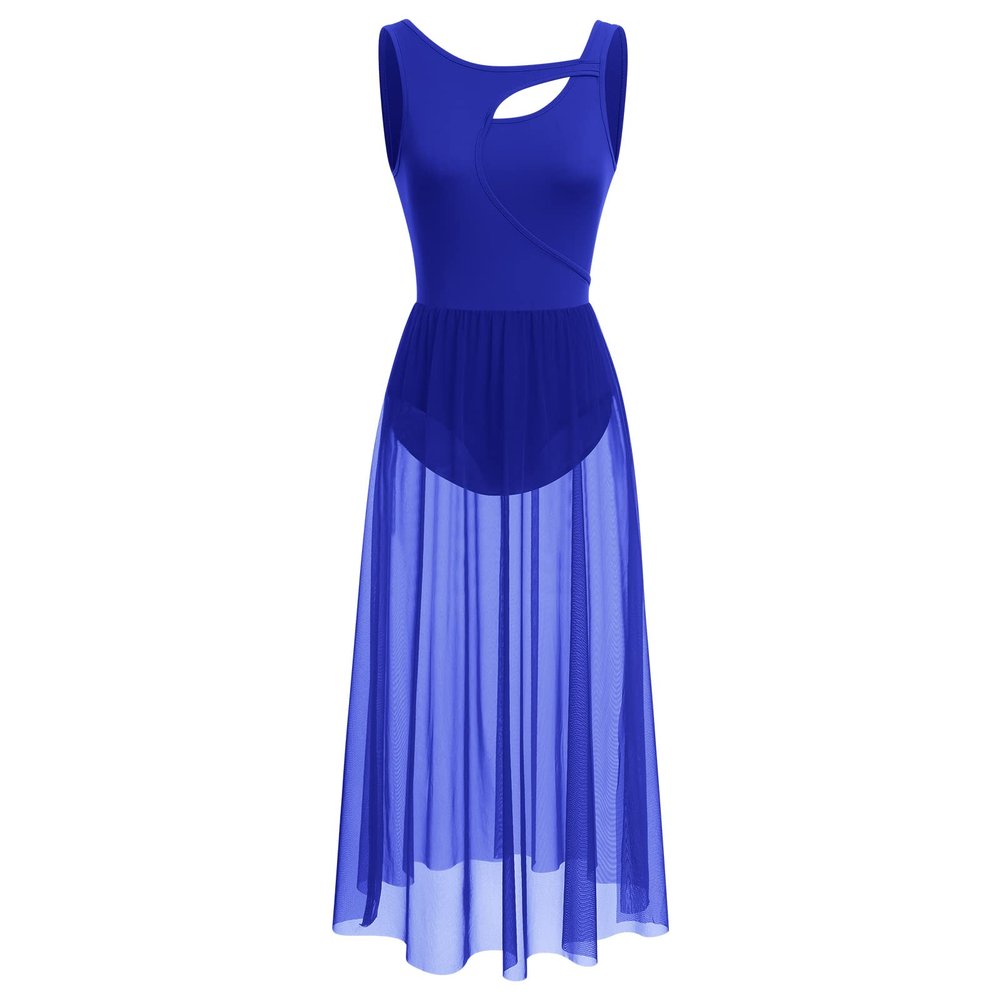 Lyrical Dance Costume for Women Contemporary Dancewear Sleeveless Cut Out Front Mesh Tulle Maxi Dress Ballet Leotard Tank Bodysuit One-piece Dance Costumes for Competition Practice Latin Royal Blue XS