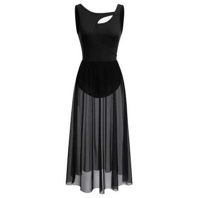 Lyrical Dance Costumes for Women Contemporary Dancewear Sleeveless Cut Out Front Mesh Tulle Maxi Dress Ballet Leotard Tank Bodysuit One-Piece Dance Costumes for Competition Practice Latin Black XS