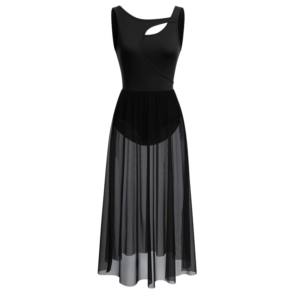 Lyrical Dance Costumes for Women Contemporary Dancewear Sleeveless Cut Out Front Mesh Tulle Maxi Dress Ballet Leotard Tank Bodysuit One-Piece Dance Costumes for Competition Practice Latin Black XS