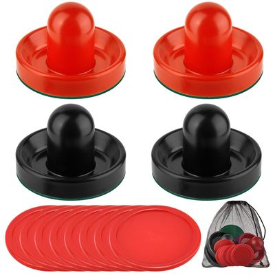 Coopay Air Hockey Pushers and Pucks, Air Hockey Paddles with Felt Bottoms, Goal Handles Paddles Replacement Accessories with a Drawstring Bag for Game Tables (4 Striker, 8 Red Puck Pack)