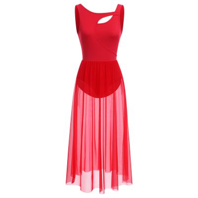 Lyrical Dance Costumes for Women Contemporary Dancewear Sleeveless Cut Out Front Mesh Tulle Maxi Dress Ballet Leotard Tank Bodysuit One-Piece Dance Costumes for Competition Practice Latin Red L