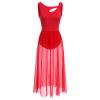Lyrical Dance Costumes for Women Contemporary Dancewear Sleeveless Cut Out Front Mesh Tulle Maxi Dress Ballet Leotard Tank Bodysuit One-Piece Dance Costumes for Competition Practice Latin Red L view 1