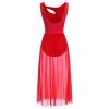 Lyrical Dance Costumes for Women Contemporary Dancewear Sleeveless Cut Out Front Mesh Tulle Maxi Dress Ballet Leotard Tank Bodysuit One-Piece Dance Costumes for Competition Practice Latin Red L view 3