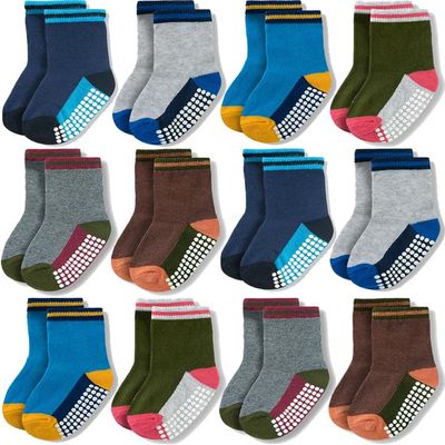 JAKIDAR 12 Pack Baby Toddler Socks Non Slip Grip Cotton Crew Socks for Boys Girls Infants Kids, Multicolor Block, 6-12 Months