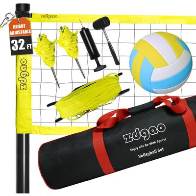 Outdoor Portable Volleyball Net System - Adjustable Height Poles with Soft Volleyball Ball, Pump, Hammer, Boundary Line, and Carry Bag for Backyard, Beach, Lawn