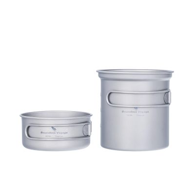 iBasingo 750ml & 300ml Titanium Bowl Pot Set with Folding Handle Outdoor Camping Cookware 2 Piece-Set Picnic Pan Ultralight Cooking Kit Tableware Backpacking Small Dishes for 1 People Ti2037C