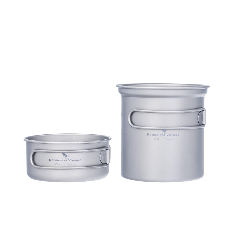 iBasingo 750ml & 300ml Titanium Bowl Pot Set with Folding Handle Outdoor Camping Cookware 2 Piece-Set Picnic Pan Ultralight Cooking Kit Tableware Backpacking Small Dishes for 1 People Ti2037C