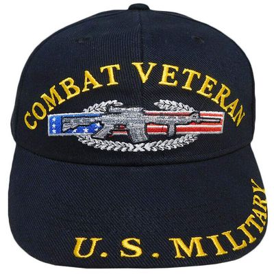 Combat Veteran U.S. Military USA Flag Gun Ribbon Black Embroidered Hat Cap