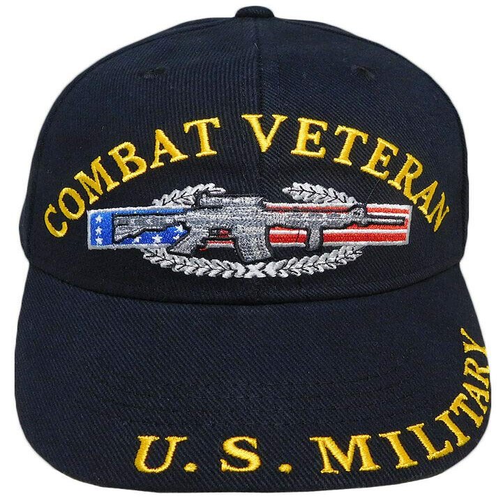 Combat Veteran U.S. Military USA Flag Gun Ribbon Black Embroidered Hat Cap