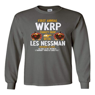 Societee New Graphic 1st Annual WKRP Turkey Drop Thanksgiving Men's Long Sleeve T-Shirt (Gray, 4X-Large)