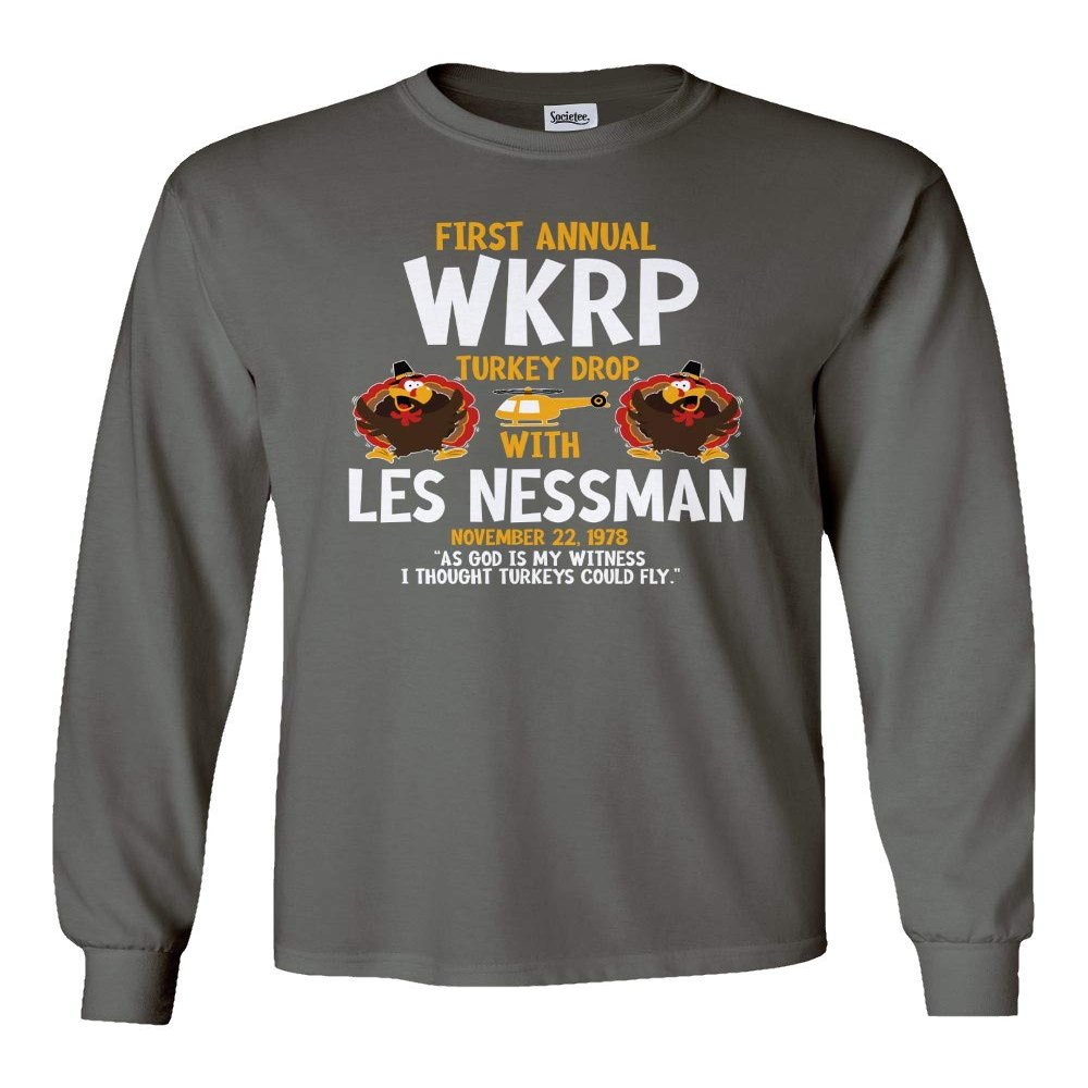 Societee New Graphic 1st Annual WKRP Turkey Drop Thanksgiving Men's Long Sleeve T-Shirt (Gray, 4X-Large)