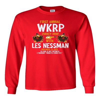 Societee New Graphic 1st Annual WKRP Turkey Drop Thanksgiving Men's Long Sleeve T-Shirt (Red, 5X-Large)