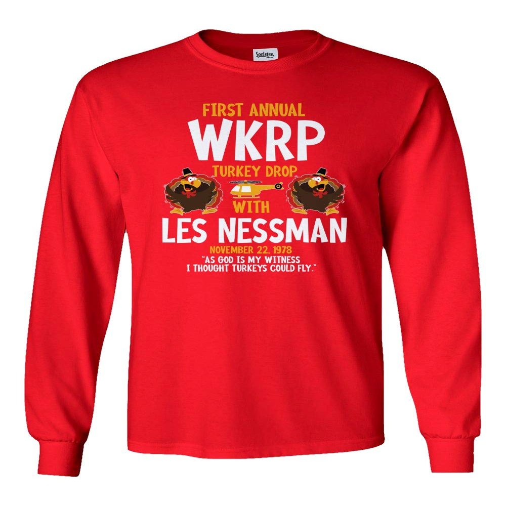 Societee New Graphic 1st Annual WKRP Turkey Drop Thanksgiving Men's Long Sleeve T-Shirt (Red, 5X-Large)