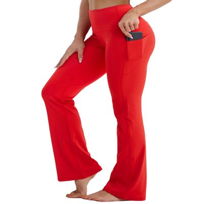 BUBBLELIME 29"/31"/33"/35" 4 Styles Women's Tummy Control Bootcut Yoga Pants - Side Pockets_Scarlet M-29 Inseam