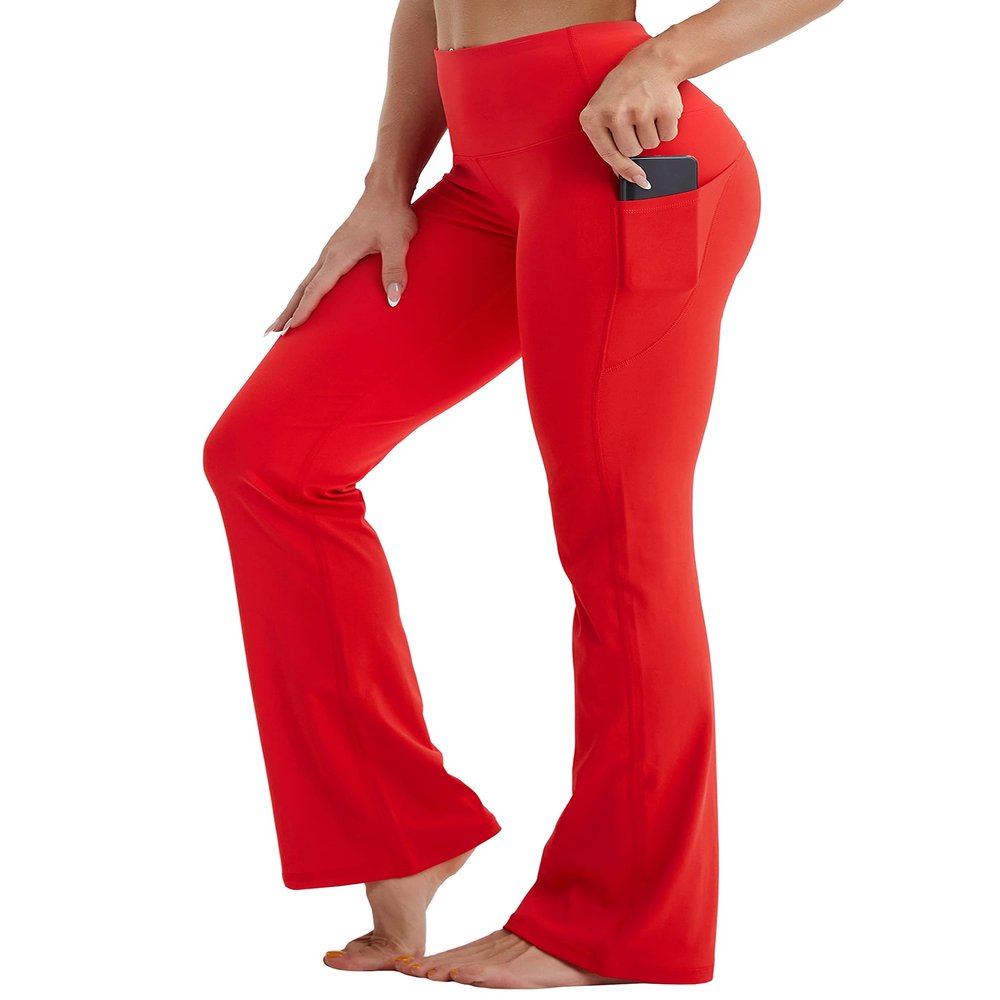 BUBBLELIME 29"/31"/33"/35" 4 Styles Women's Tummy Control Bootcut Yoga Pants - Side Pockets_Scarlet M-29 Inseam